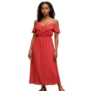 Pink Apricot Ruffled Off Shoulder Cottagecore Hi Lo Hem Maxi Sun Dress